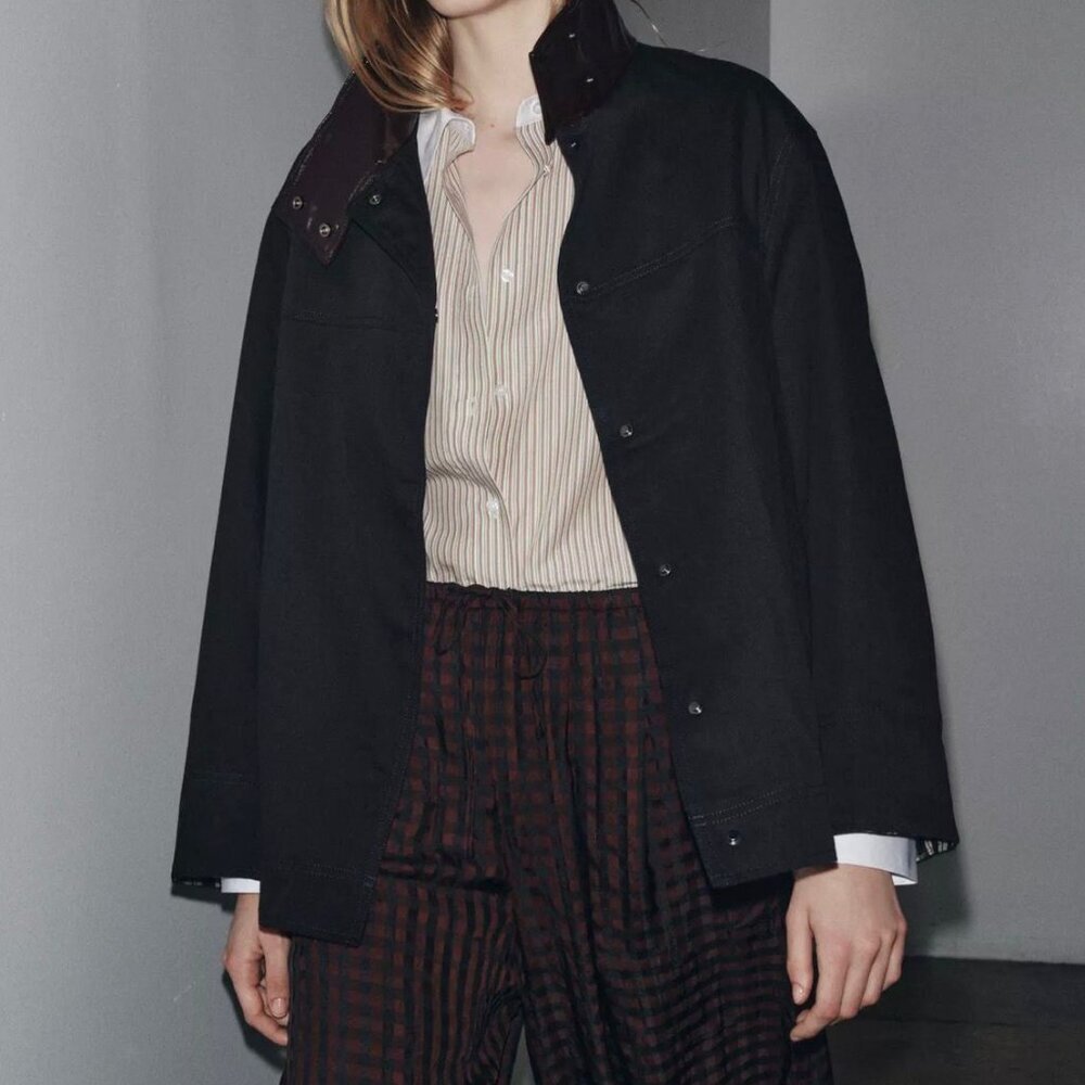 ZARA ZW Collection Contrast Collar Jacket – Black/Brown | EU Chic | New (No Tags - Picture 2 of 7